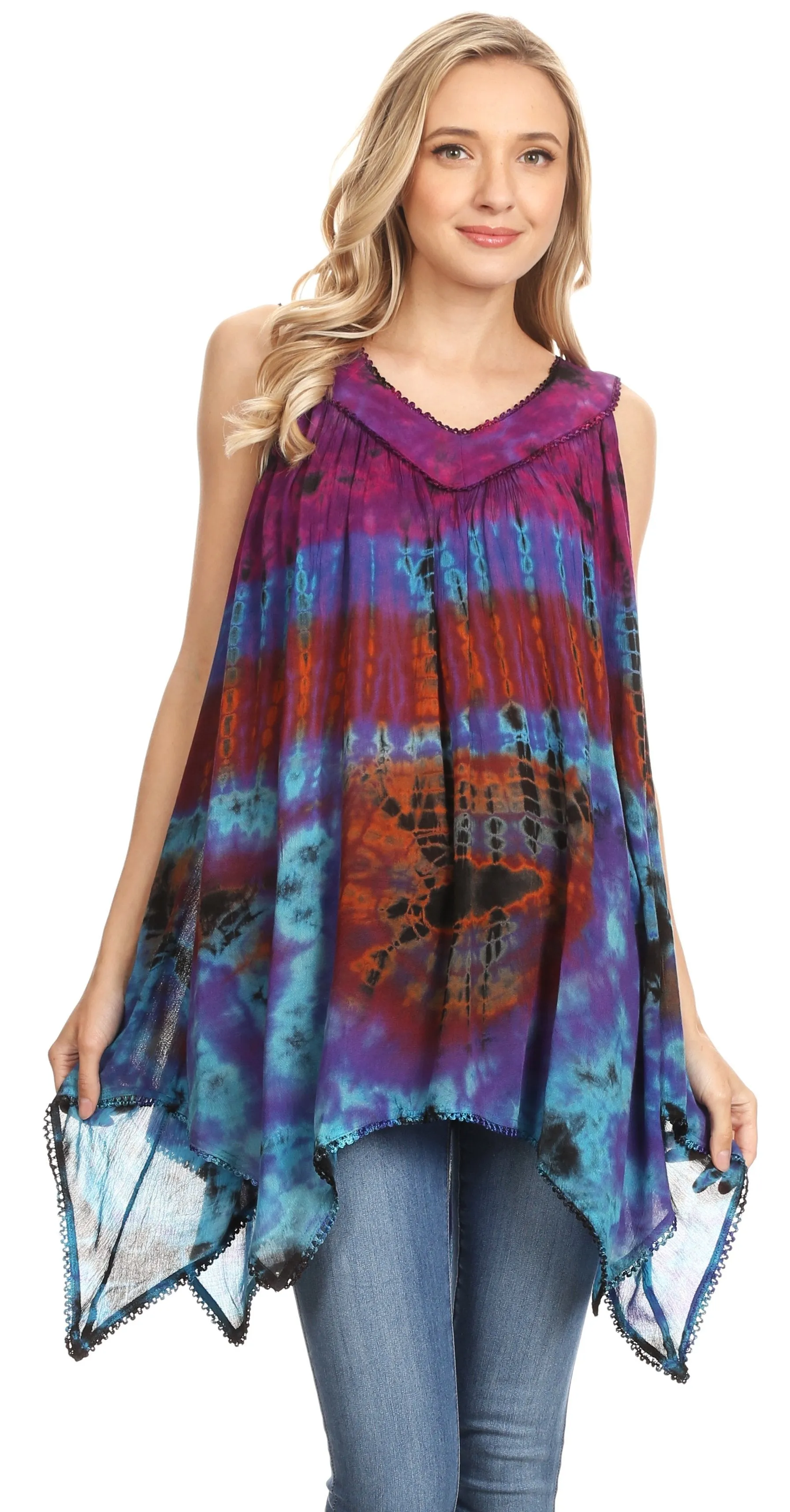 Sakkas Nalu Sleeveless Relaxed Fit Multi Color Tie Dye V-Neck Blouse | Cover Up