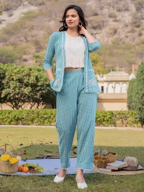 Sea Green Cotton Checks Printed Co-Ord Set With Embroidery