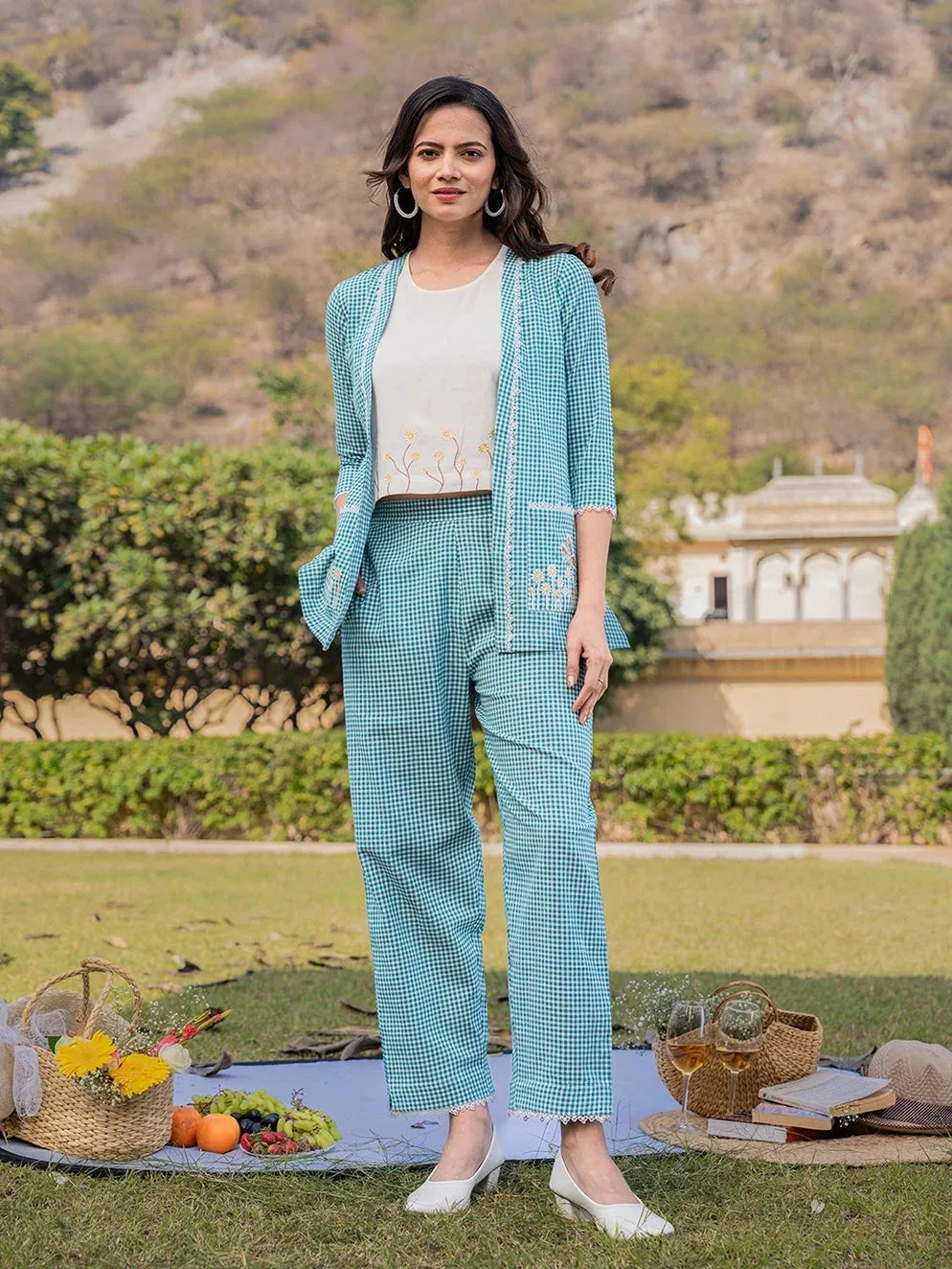 Sea Green Cotton Checks Printed Co-Ord Set With Embroidery