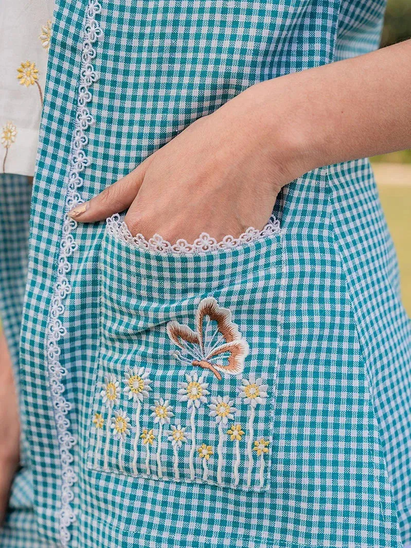 Sea Green Cotton Checks Printed Co-Ord Set With Embroidery