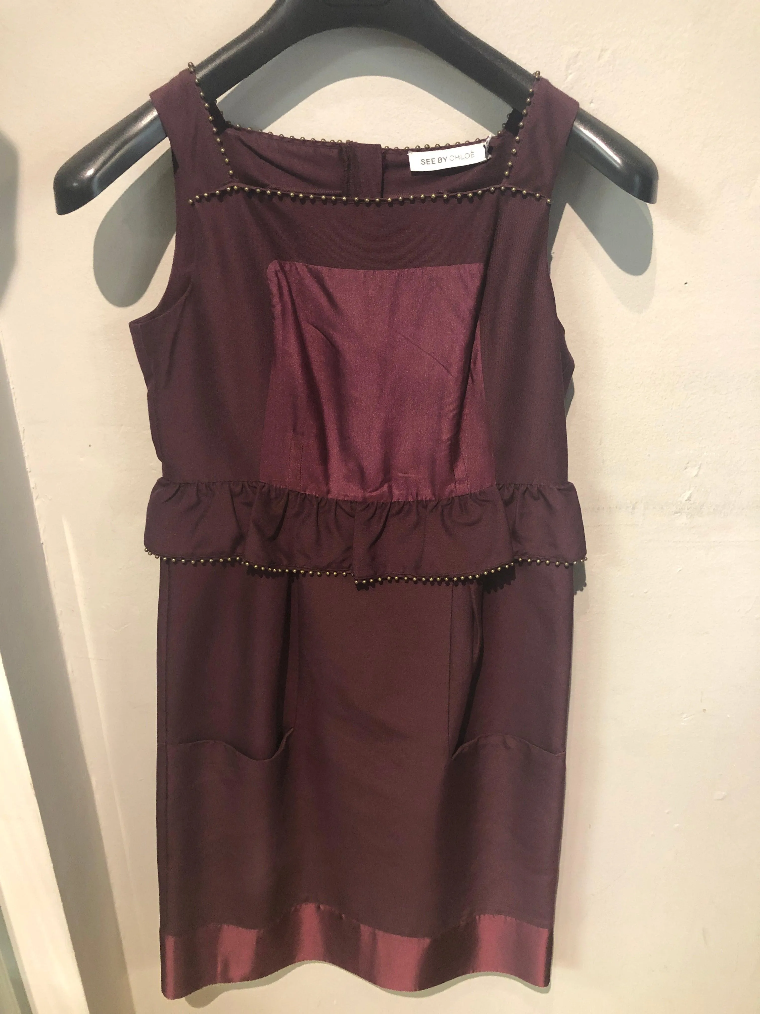 See by Chloe cotton/silk mix claret dress with beading & pockets UK size 8