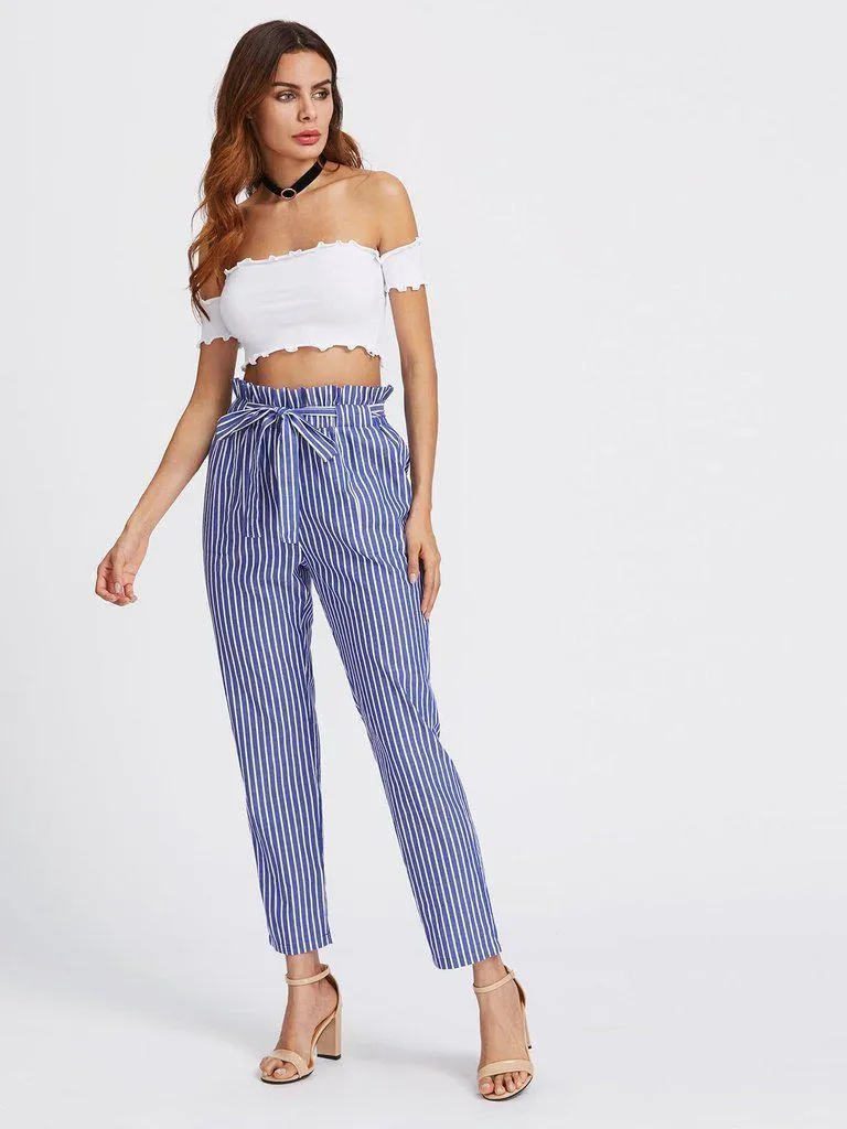 Self Tie Frill Waist Pinstripe Pants