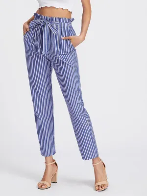 Self Tie Frill Waist Pinstripe Pants