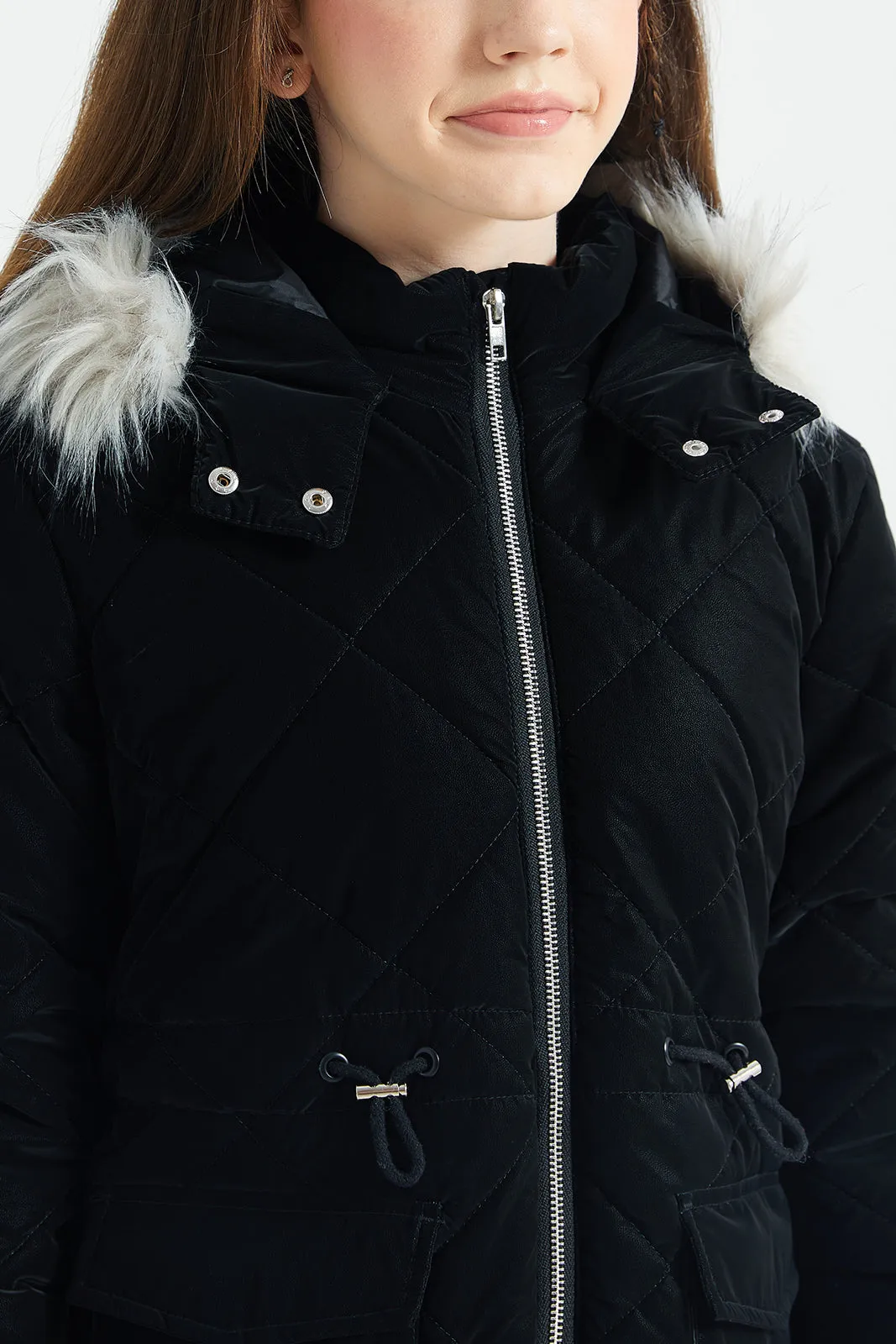 Senior Girls Black Quilted Hooded Fur Jacket