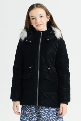 Senior Girls Black Quilted Hooded Fur Jacket