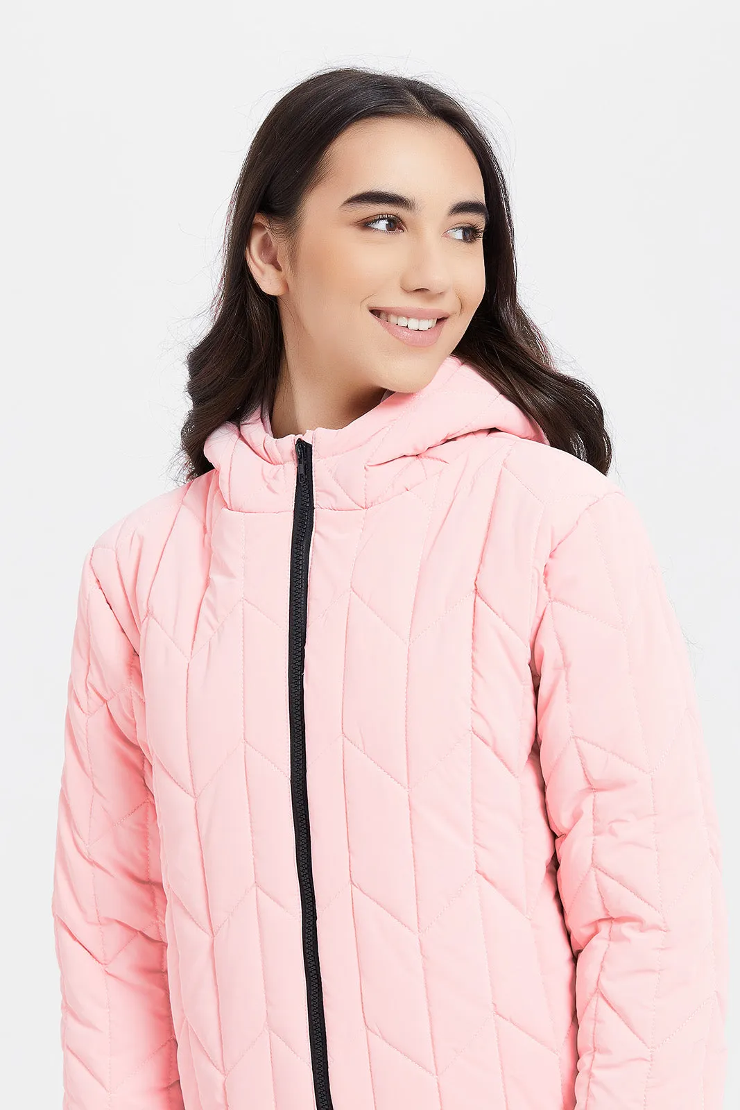 Senior Girls Pink Quilted Long-Line Jacket