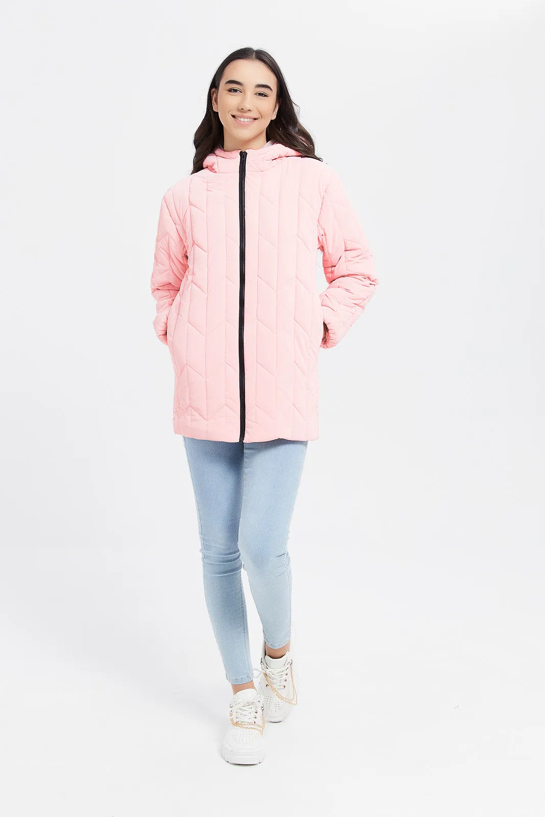 Senior Girls Pink Quilted Long-Line Jacket