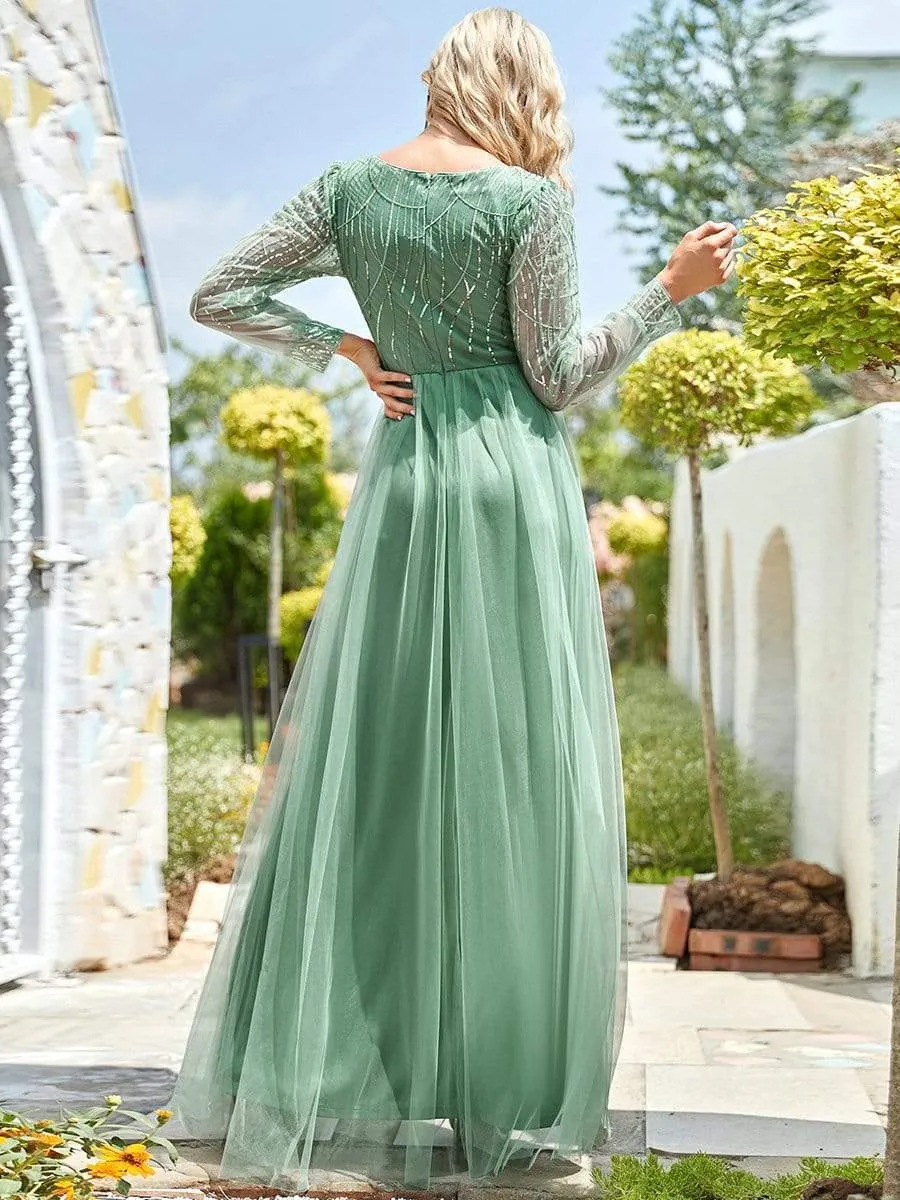 Sequin Bodice Sheer Long Sleeves Maxi Evening Dress