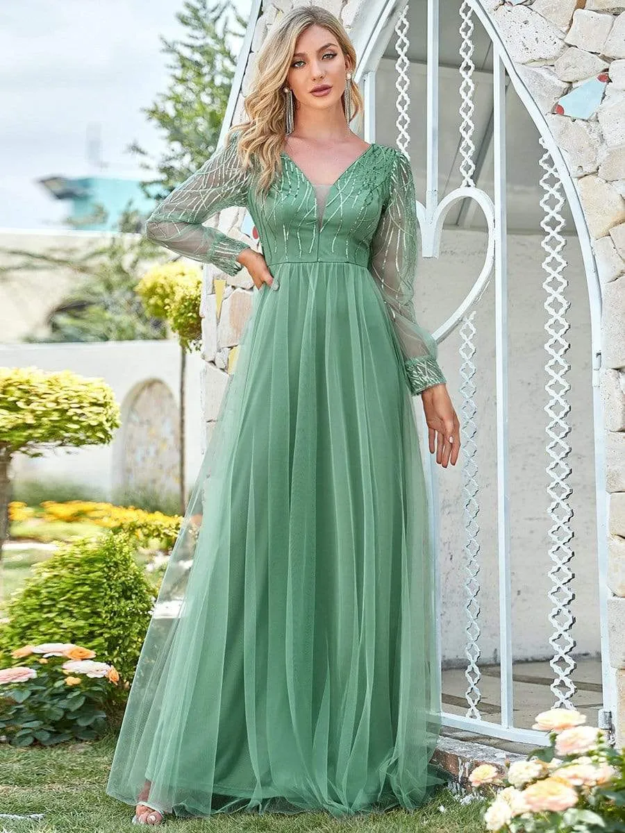 Sequin Bodice Sheer Long Sleeves Maxi Evening Dress