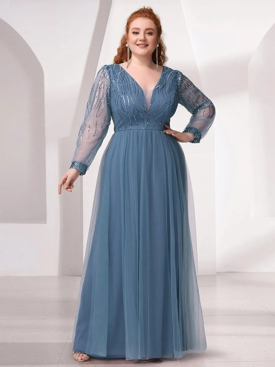 Sequin Bodice Sheer Long Sleeves Maxi Evening Dress