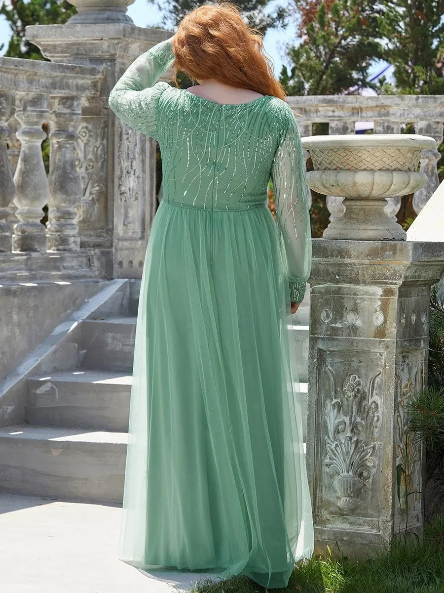 Sequin Bodice Sheer Long Sleeves Maxi Evening Dress