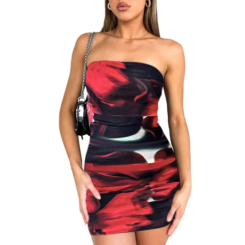 Sexy Tube Top Hip Skirt Printed Fashionable Waist Slimming Dress Summer Temperament Women's Clothing