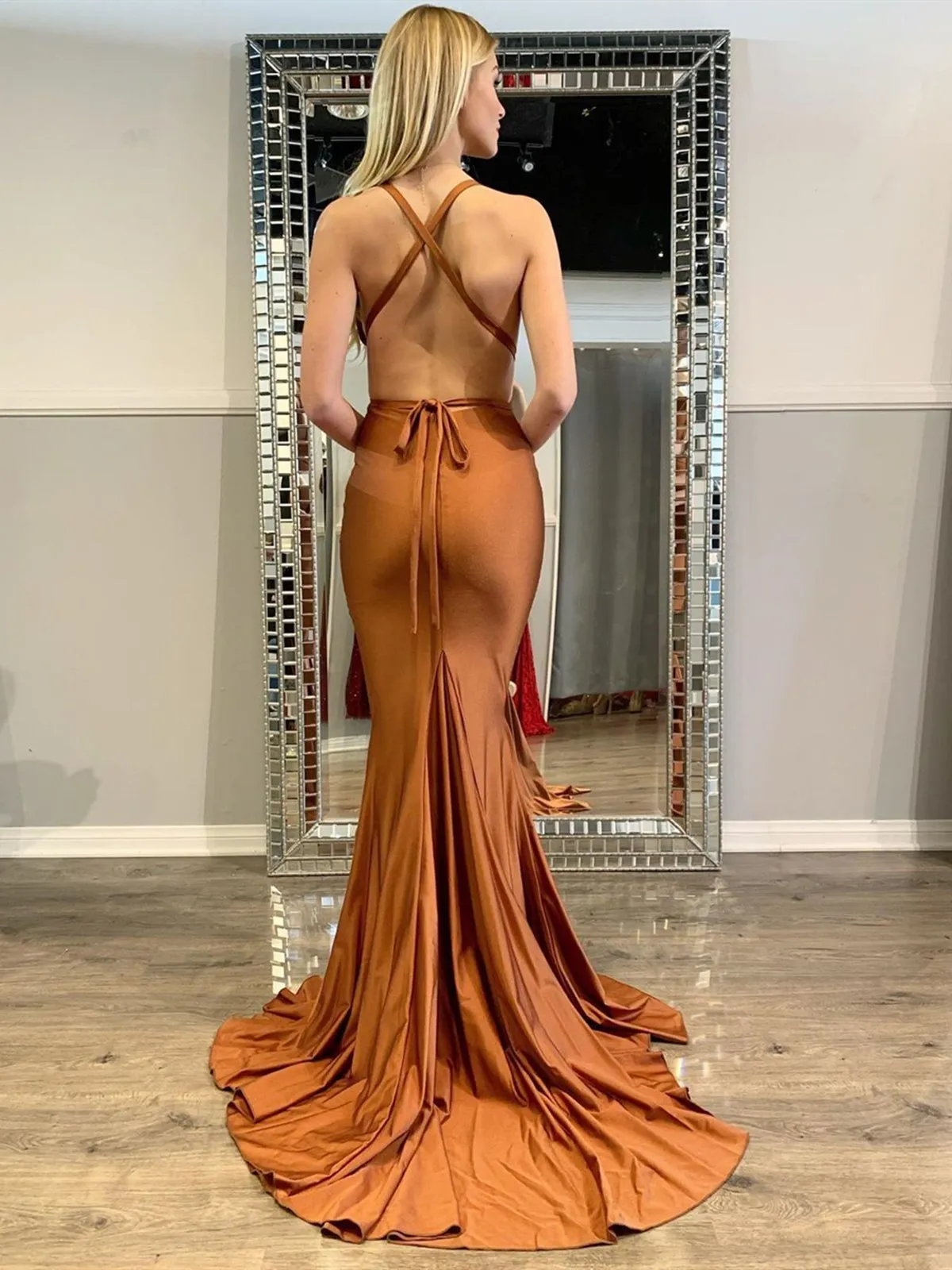 Sexy V Neck Backless Mermaid Clay Satin Long Prom, Mermaid Clay Formal, Clay Evening