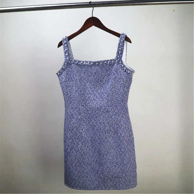 Sheath Custom Made Blue Tweed Mini/ Midi Dress