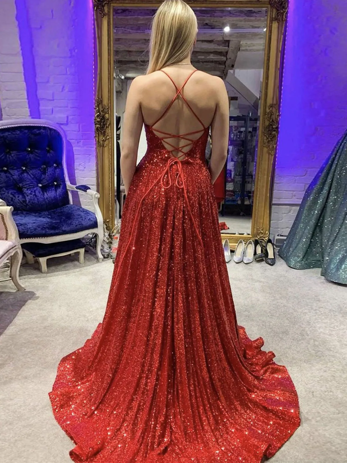 Shiny Sequins V Neck Backless Burgundy Long Prom Dresses with High Slit, Burgundy Formal Graduation Evening Dresses