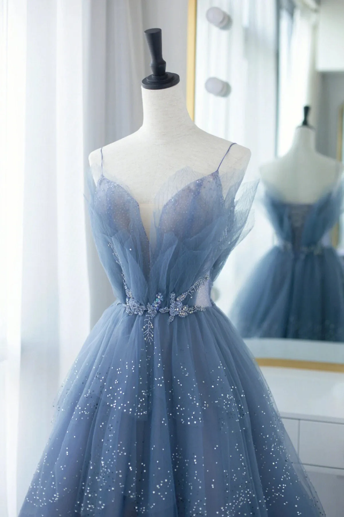 Shiny Tulle V Neck Blue Long Prom Dress, Blue Tulle Formal Evening Dress, Blue Ball Gown A1757