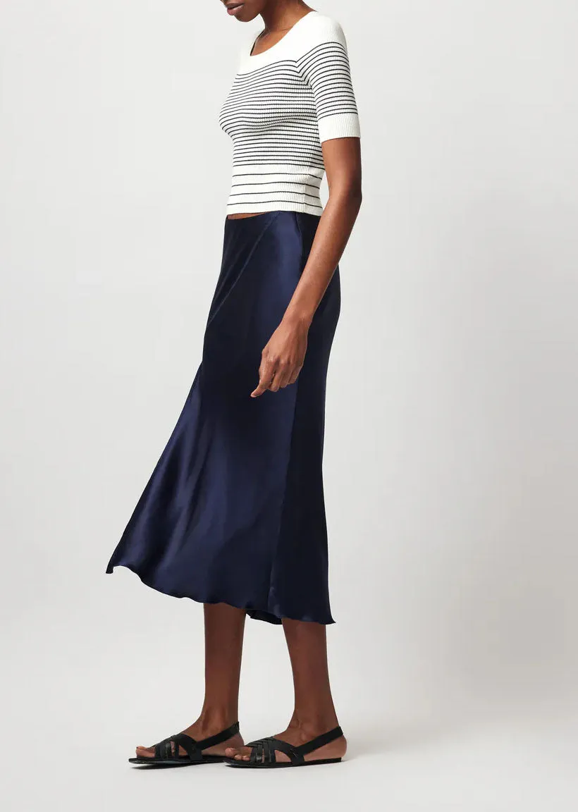 Silk Charmeuse Slit Detail Midi Skirt - Ink