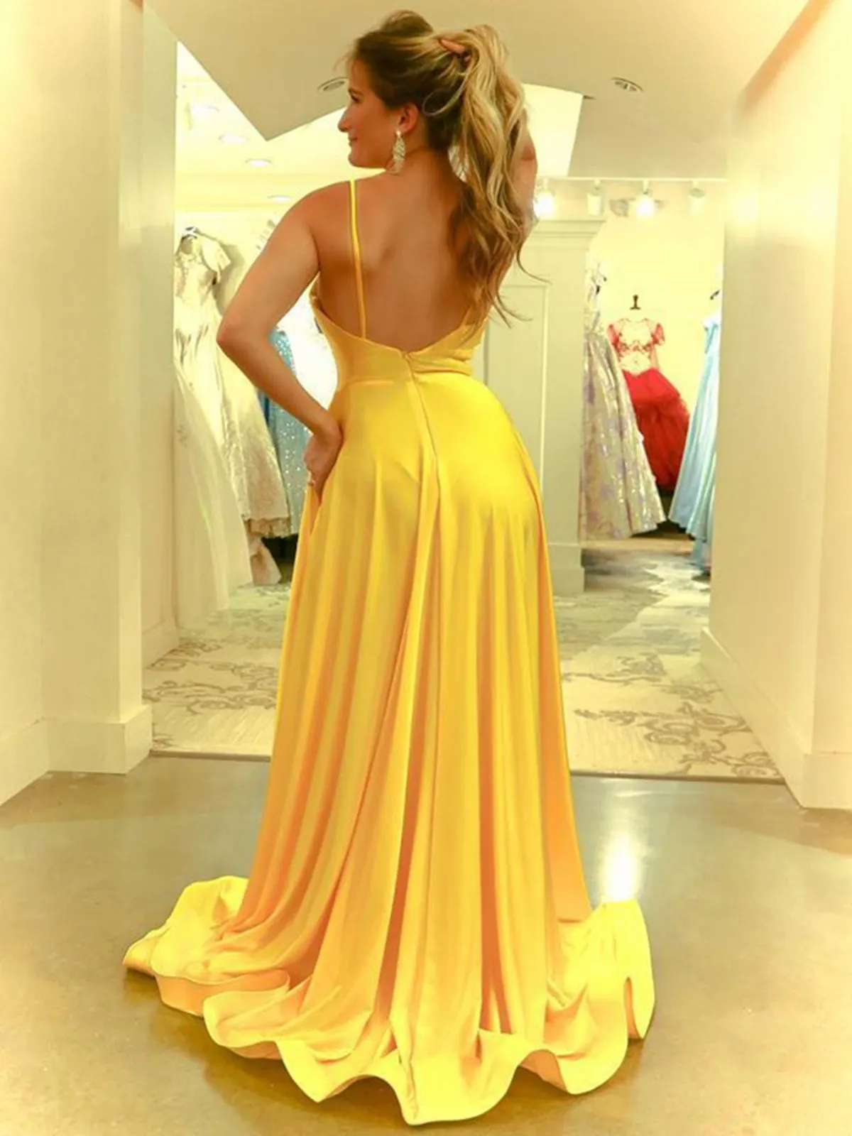 Simple V Neck Backless Yellow Satin Long Prom with Slit, Long Yellow Formal Evening