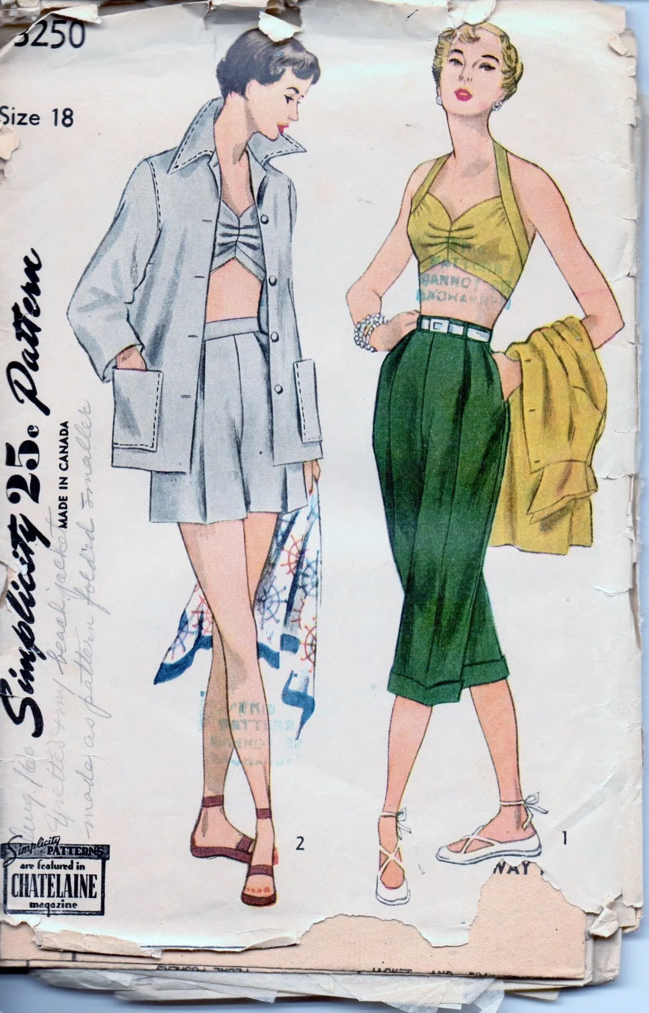 Simplicity 3250 Ladies Beach Jacket Halter Top Shorts Pedal Pushers Vintage 1950's Sewing Pattern