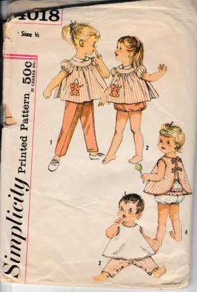 Simplicity 4018 Baby Toddler Top Pants Apron Panties Vintage 1960's Sewing Pattern