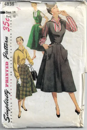 Simplicity 4838 Jumper Dress Flared Skirt Wing Collar Blouse Vintage Sewing Pattern 1950s