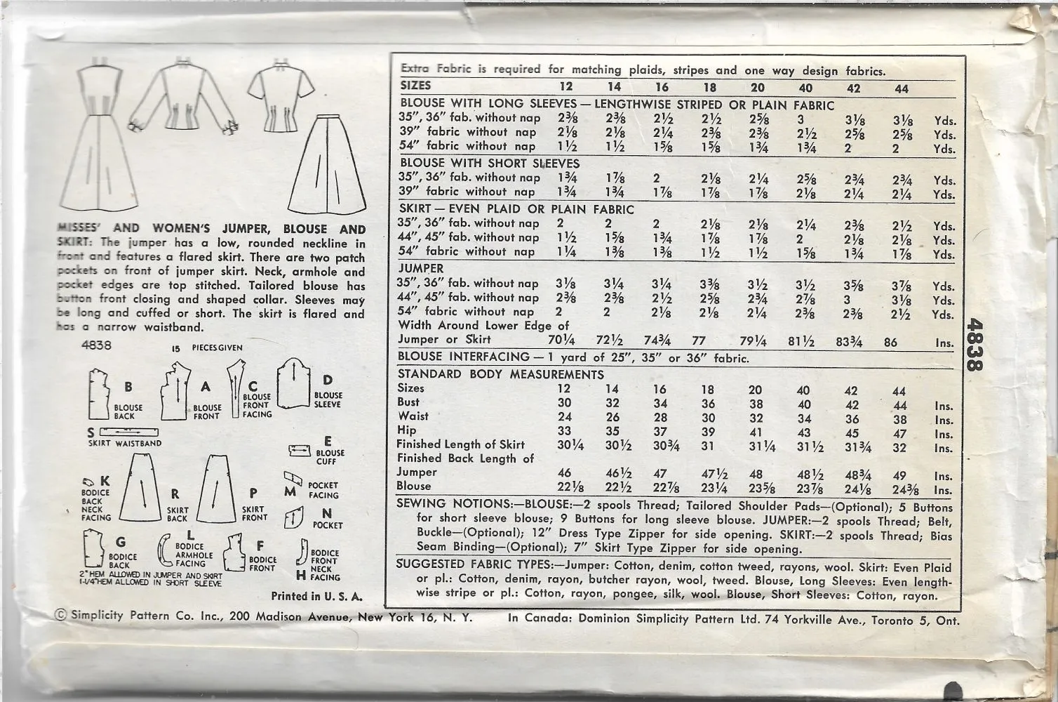 Simplicity 4838 Jumper Dress Flared Skirt Wing Collar Blouse Vintage Sewing Pattern 1950s