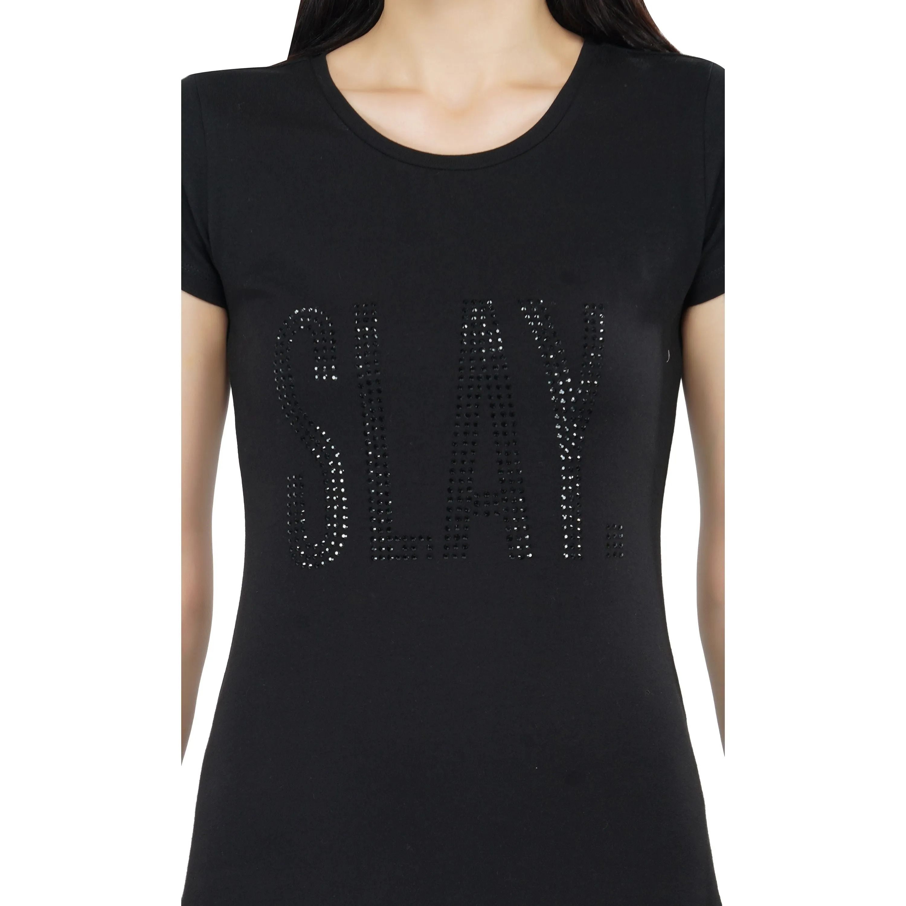 SLAY. Women's Black Crystal Embellished T-shirt Dress