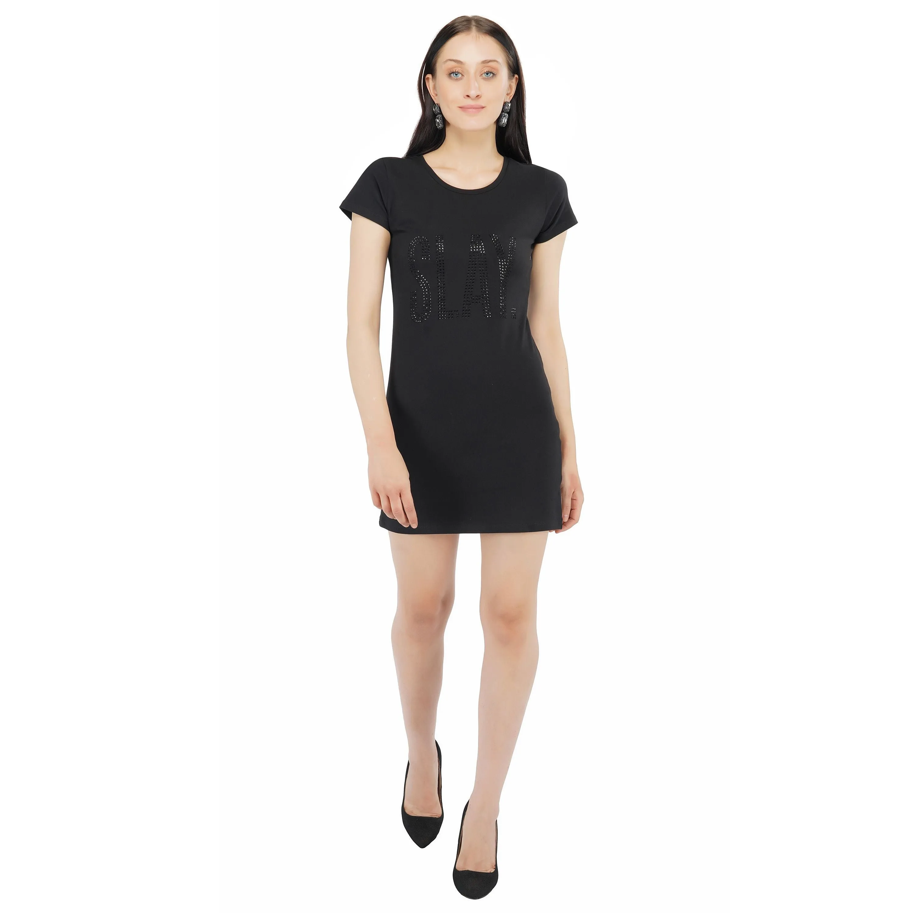 SLAY. Women's Black Crystal Embellished T-shirt Dress