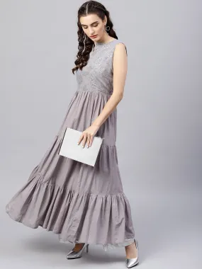 Sleeveless Grey Tiered Maxi Dress With Key Hole Neckline