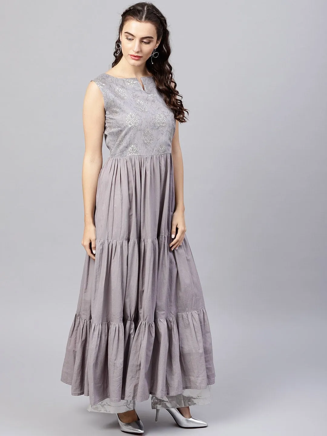 Sleeveless Grey Tiered Maxi Dress With Key Hole Neckline