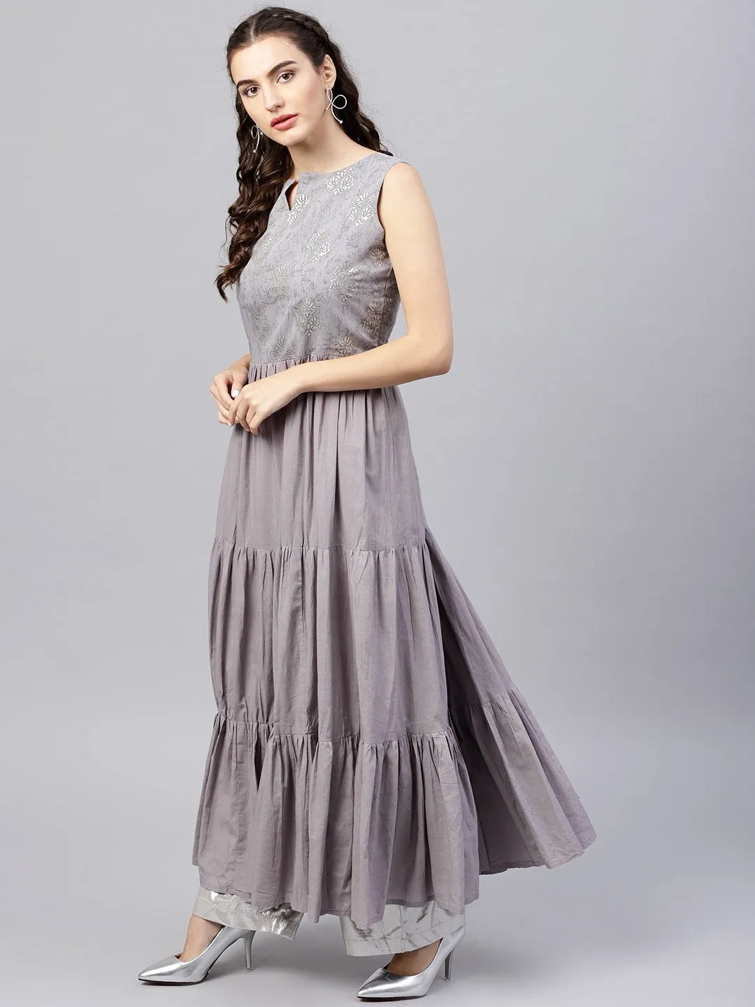 Sleeveless Grey Tiered Maxi Dress With Key Hole Neckline