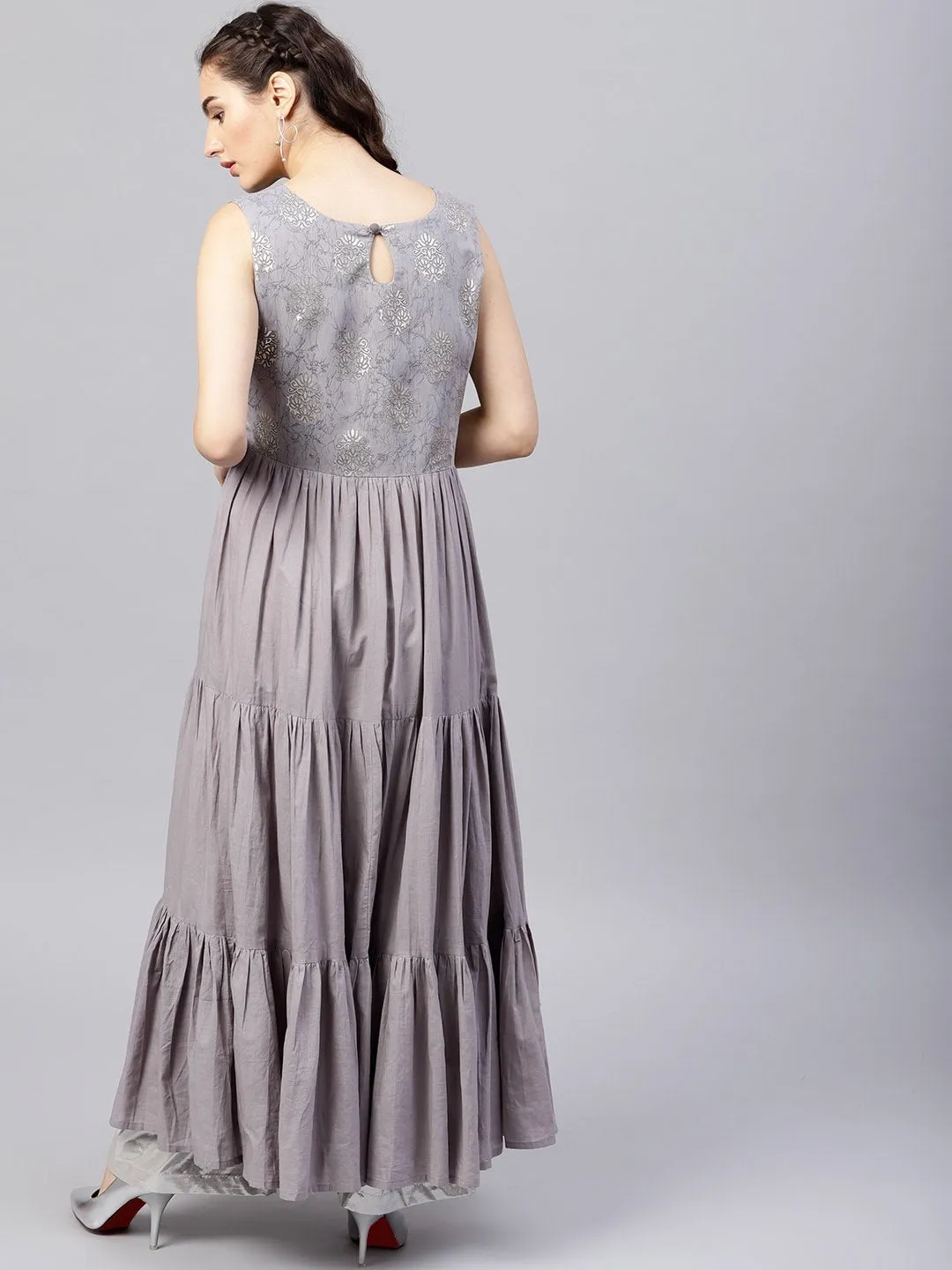 Sleeveless Grey Tiered Maxi Dress With Key Hole Neckline