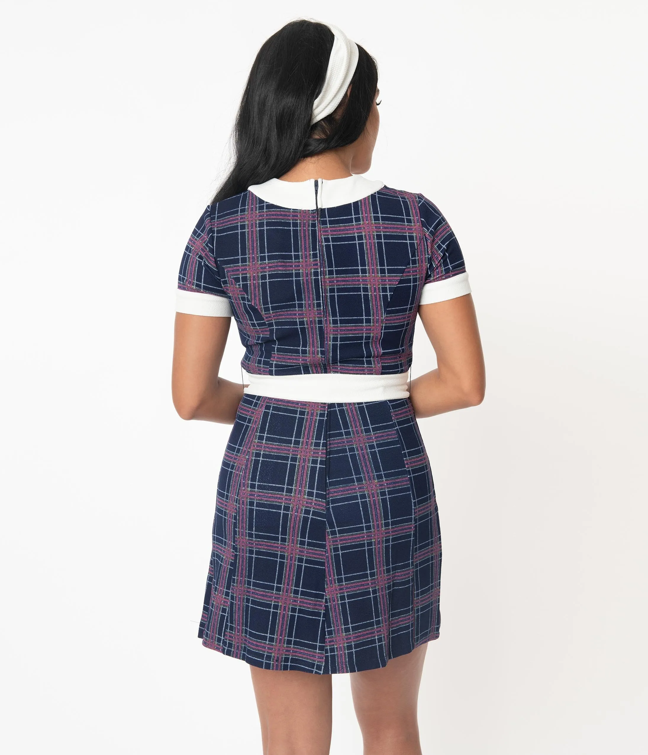 Smak Parlour 1960s Navy Blue Plaid Belted Show Stealer Dress