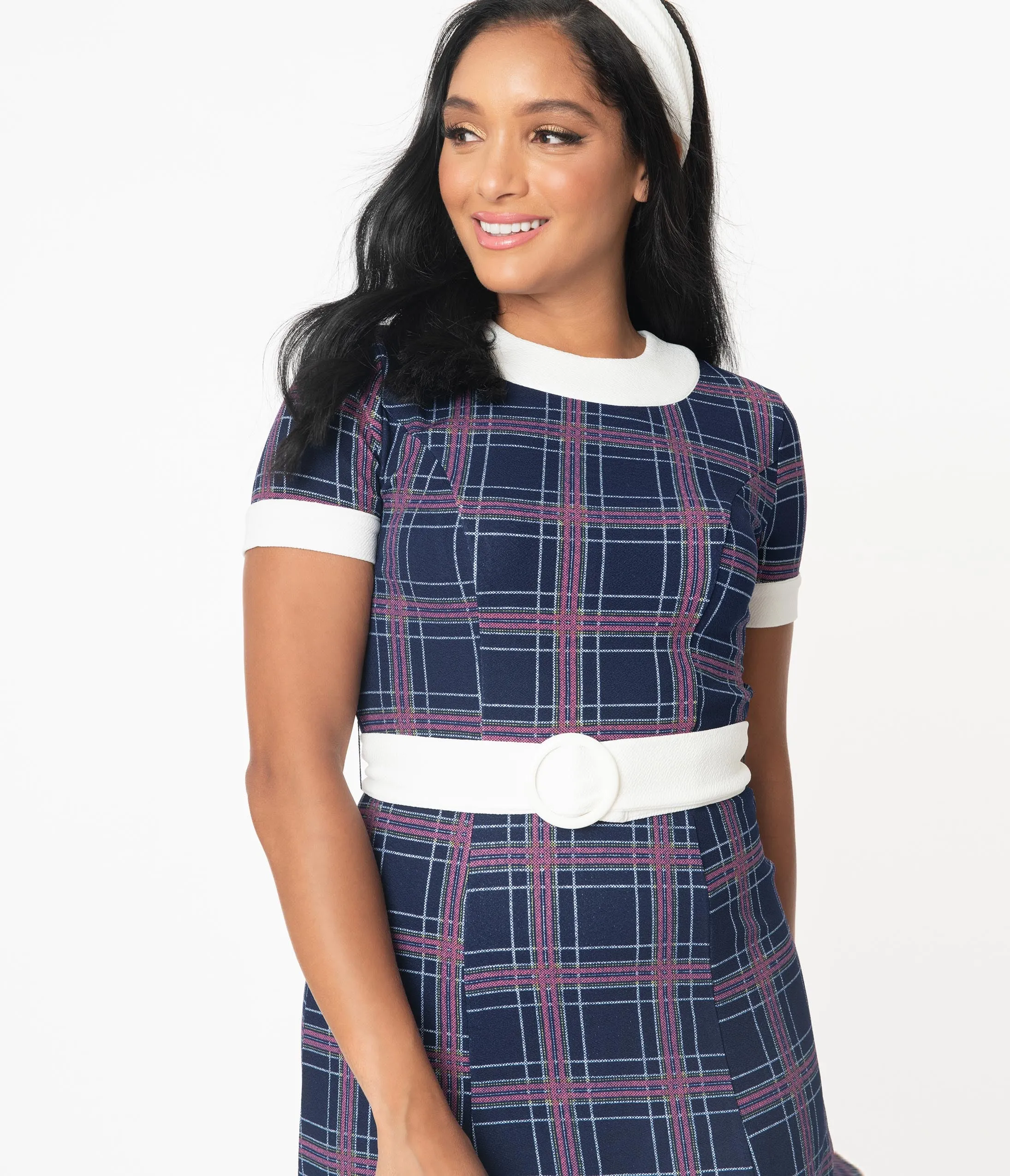 Smak Parlour 1960s Navy Blue Plaid Belted Show Stealer Dress