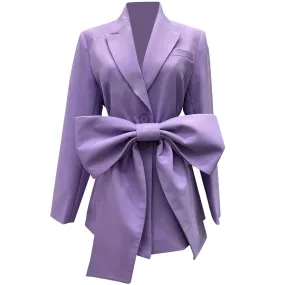 Solid Patchwork Bow Casual Blazers For Women Notched Collar Long Sleeve Spliced Single Breasted Blazer Female