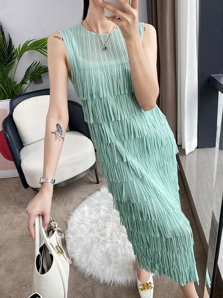 Spliced Tassel O-Neck Sleeveless Midi Dress