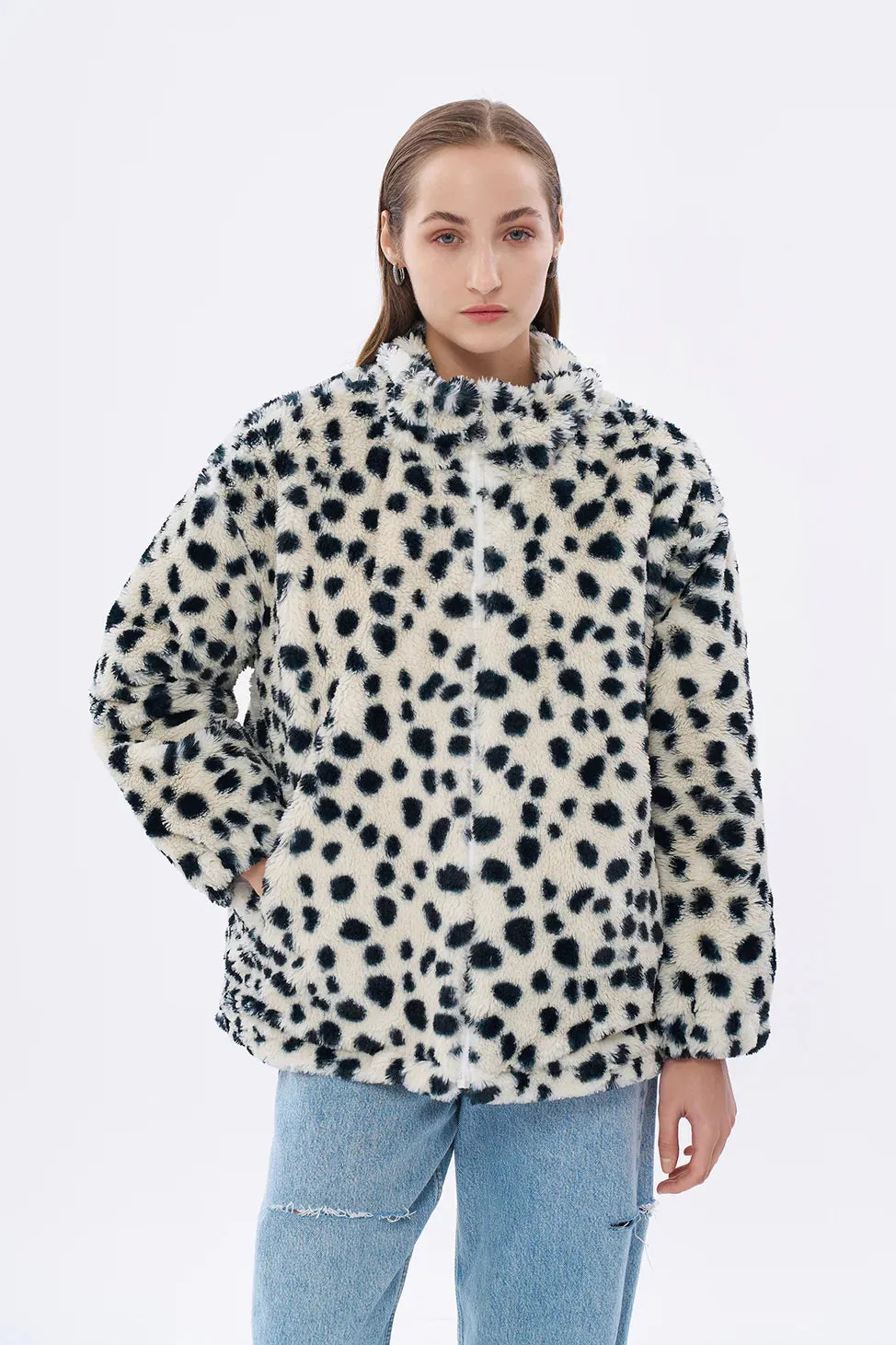 Spotted Zippered Plush Coat