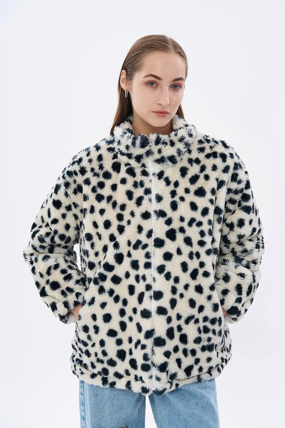 Spotted Zippered Plush Coat