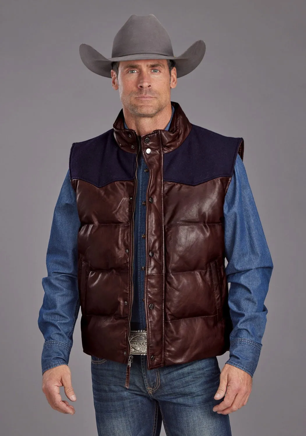 Stetson Mens Smooth Puffer Brown Leather Leather Vest