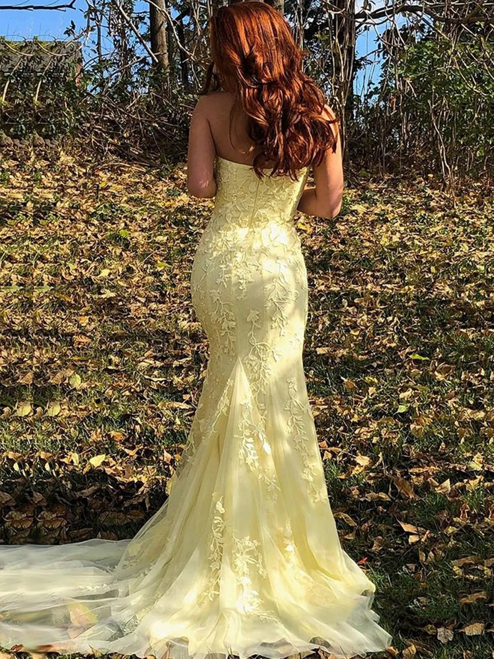 Strapless Mermaid Yellow/Purple/Pink Lace Long Prom, Yellow/Purple/Pink Lace Formal Evening