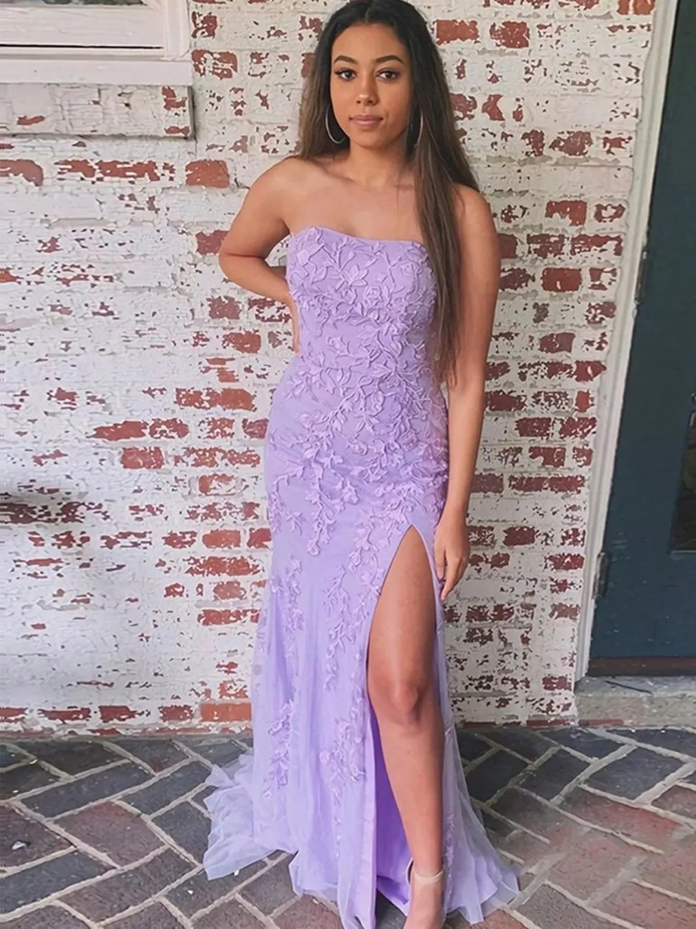 Strapless Mermaid Yellow/Purple/Pink Lace Long Prom, Yellow/Purple/Pink Lace Formal Evening