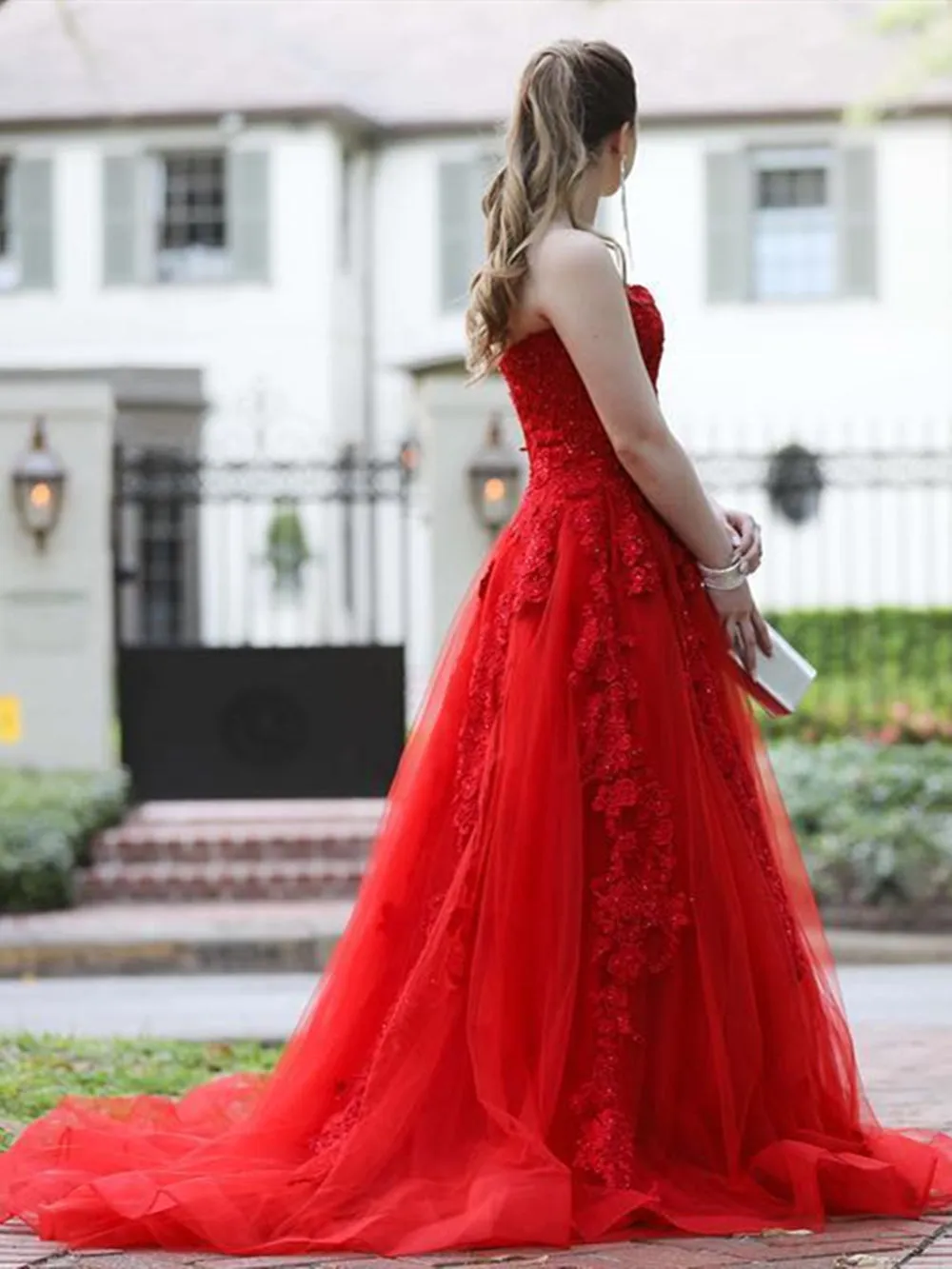 Strapless Red Lace Long Prom with Train, Red Lace Formal, Red Evening