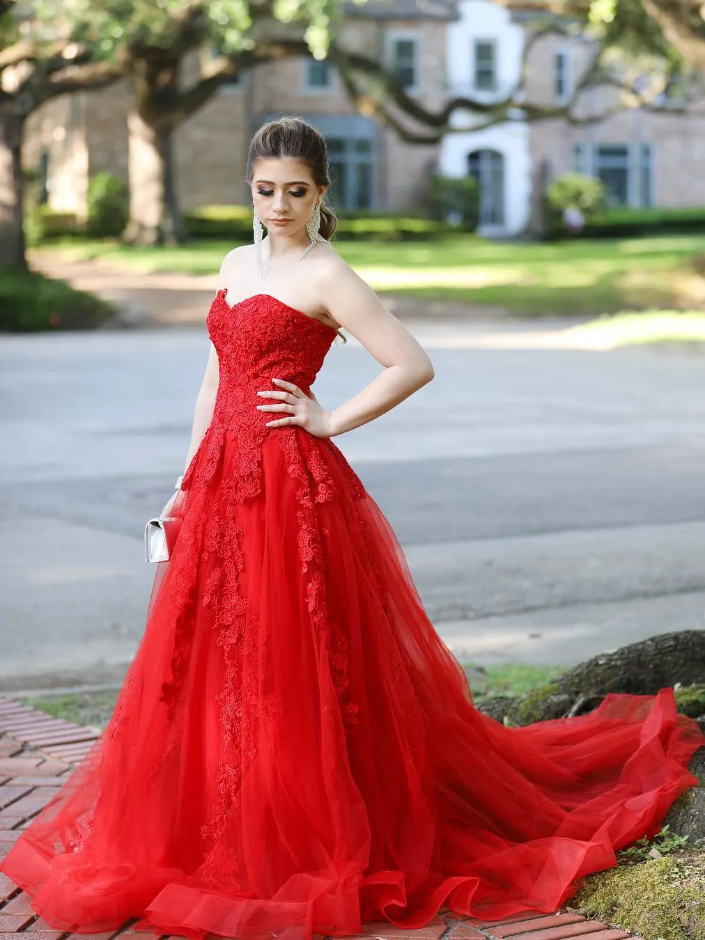 Strapless Red Lace Long Prom with Train, Red Lace Formal, Red Evening