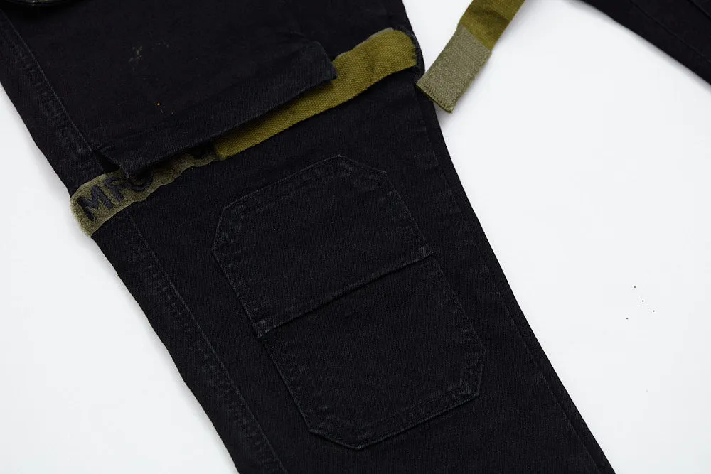 Strapped Up Slim Jet Black Denim Olive Straps