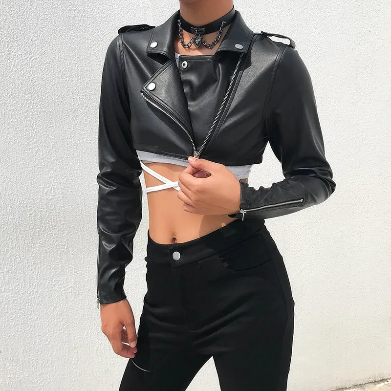 Street Motorcycle Faux Leather Jacket Women Zipper Cropped Jacket Coat Outerwear Autumn Basic Jackets Ladies Cardigan