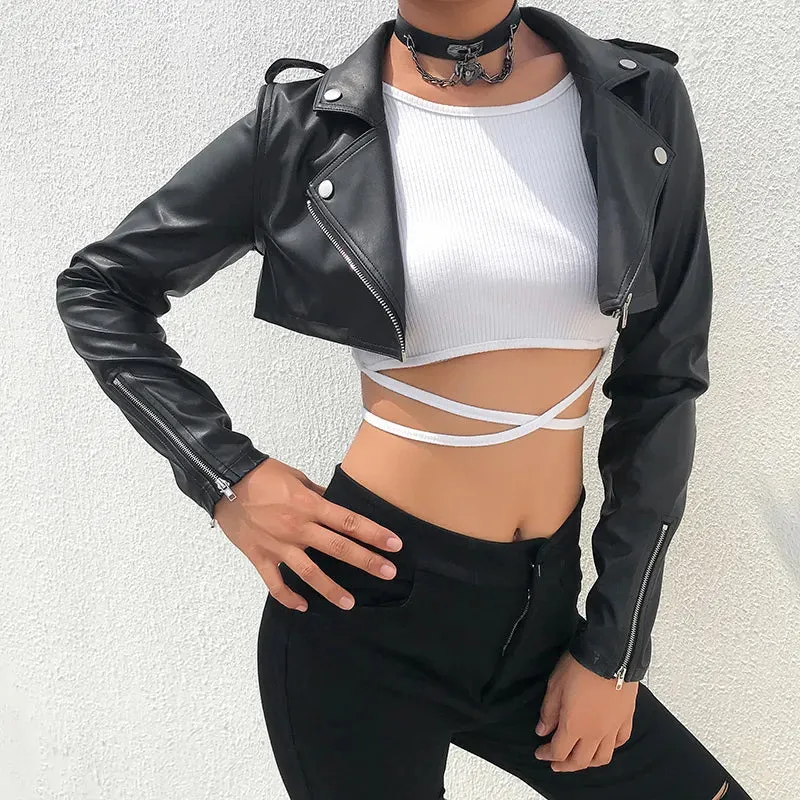 Street Motorcycle Faux Leather Jacket Women Zipper Cropped Jacket Coat Outerwear Autumn Basic Jackets Ladies Cardigan