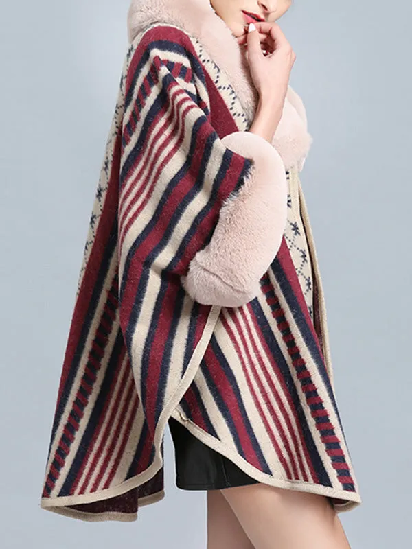 Stripe Bordeus Fluffy Neck Plus Size Cape Cardigan