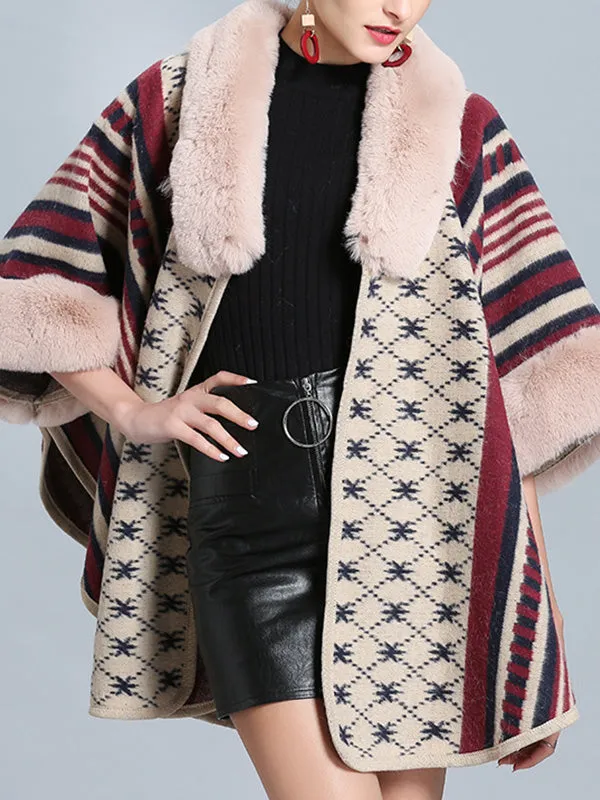 Stripe Bordeus Fluffy Neck Plus Size Cape Cardigan