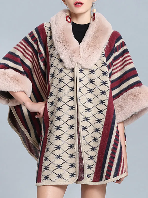 Stripe Bordeus Fluffy Neck Plus Size Cape Cardigan