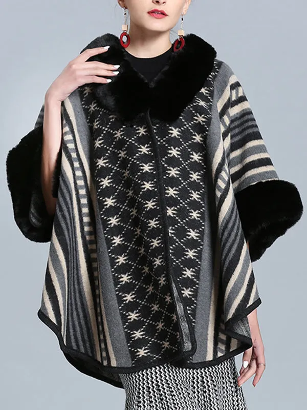 Stripe Bordeus Fluffy Neck Plus Size Cape Cardigan